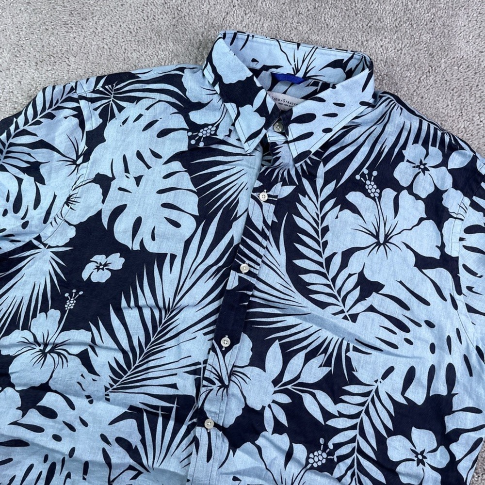 Teddy Stratford Shirt Mens XL Blue Floral Zip Fit Linen Short Sleeve Tropical